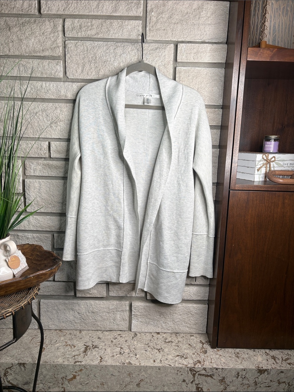 Max Studio Light Gray Open-Front Shawl Collar Cardigan